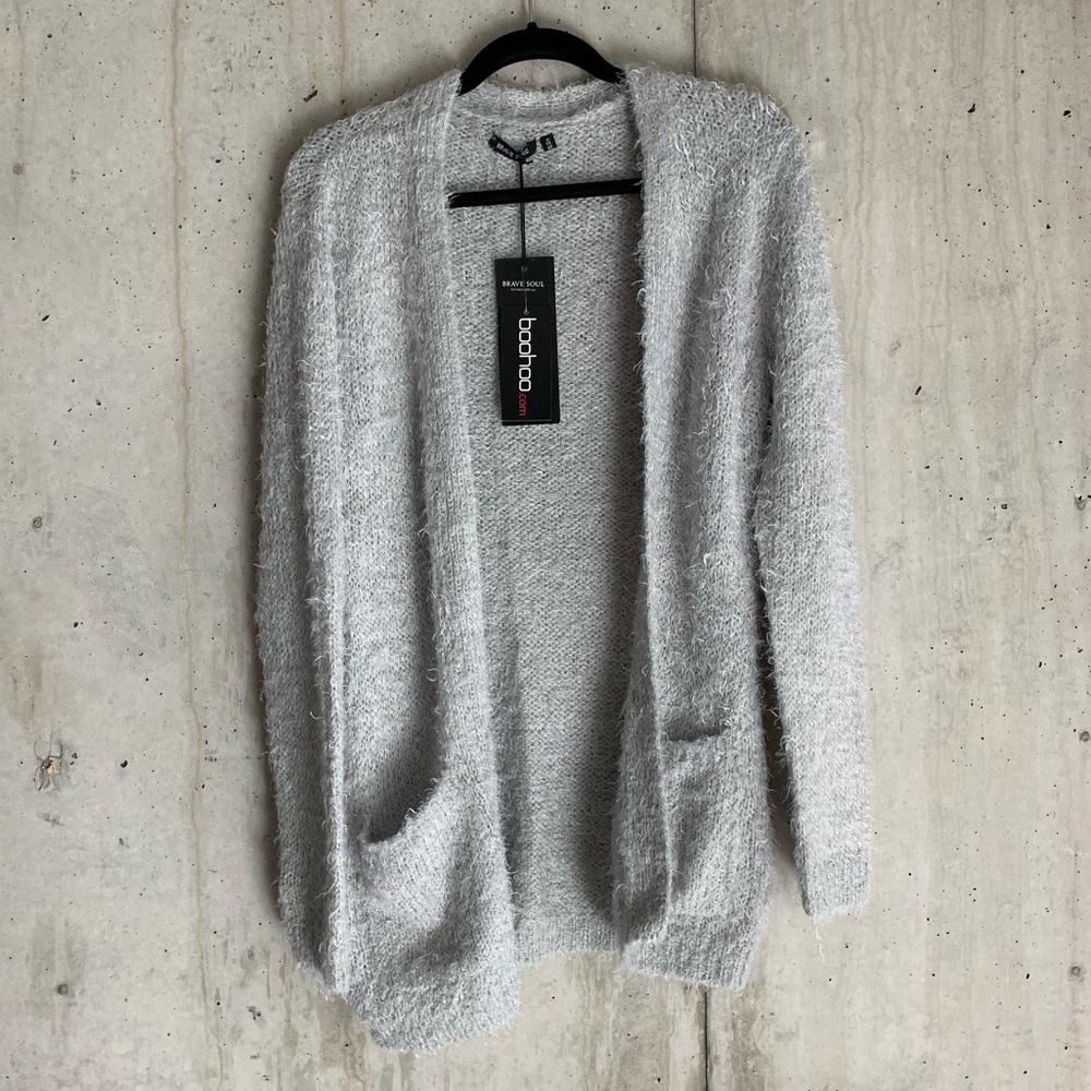 Long Gray Fuzzy Cardigan Sweater